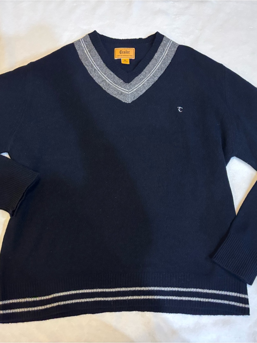 Navy V-Neck Sweater with Gray Stripe Trim - Men 100% Wool knit